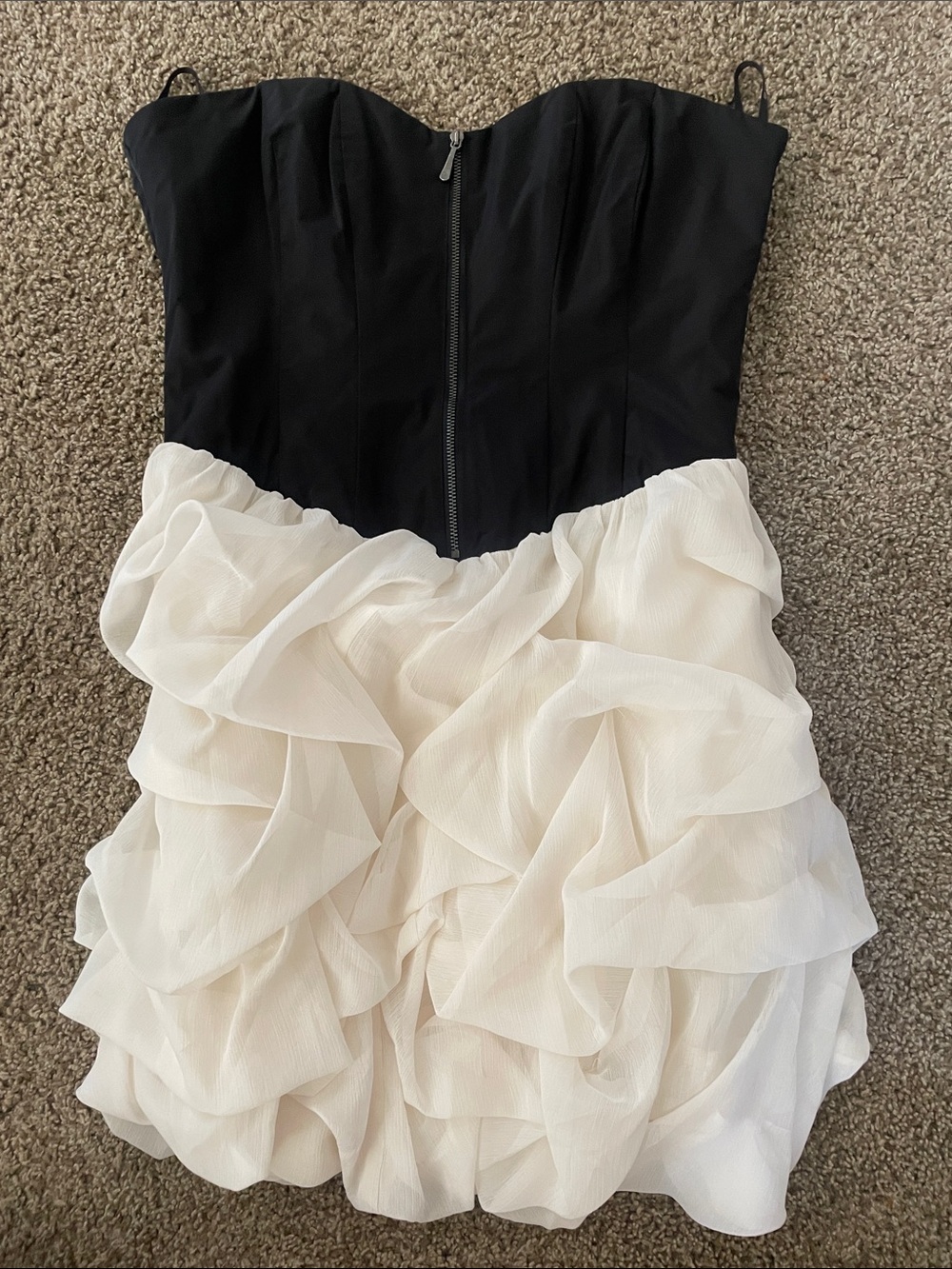 bebe Black and White Strapless Ruffle Cocktail Dress